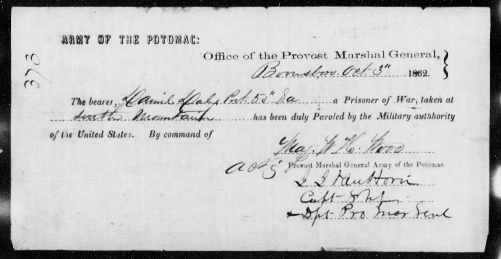 Parole of Daniel Daly, Pvt 50th GA