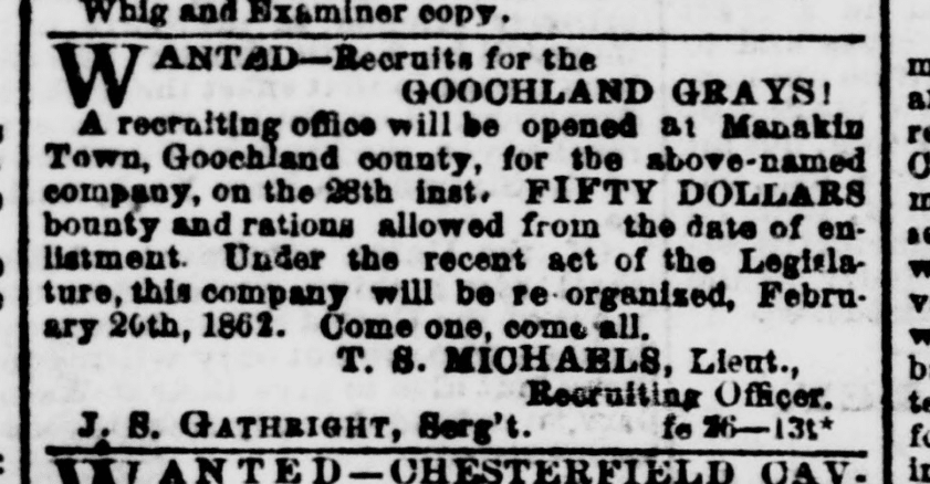 Lt. T.S. Michaels, Goochland Grays (1862)